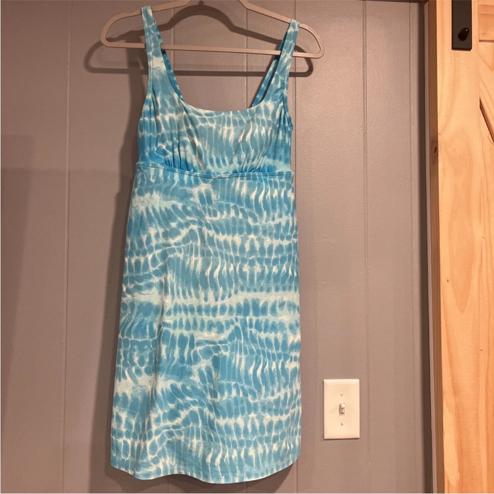 Lands End 6L Swim Dress With Shorts Modest Swim Wear Blue Turquoise Tie Dye Look